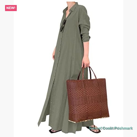 Button Down Cotton Linen Maxi Shirtdress Long Sleeve Casual Beach Dress - Picture 3 of 7